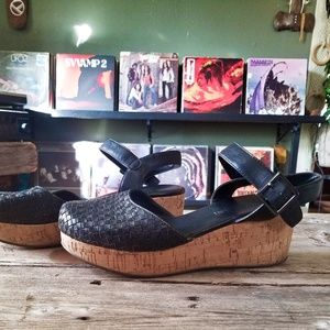 Black Woven Leather Platform Cork Sandal
